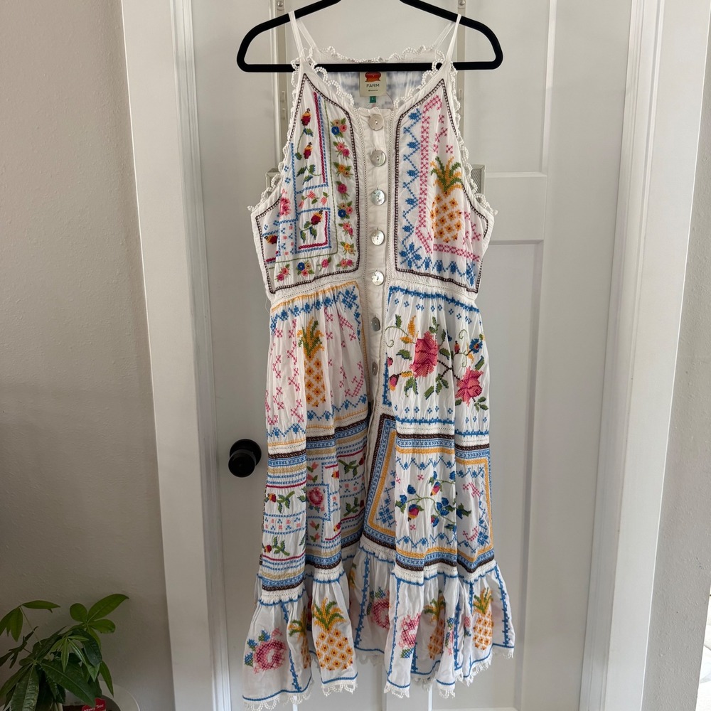 FARM Rio White Embroidered Midi Dress with Pink & Yellow Floral Pineapple Motif
